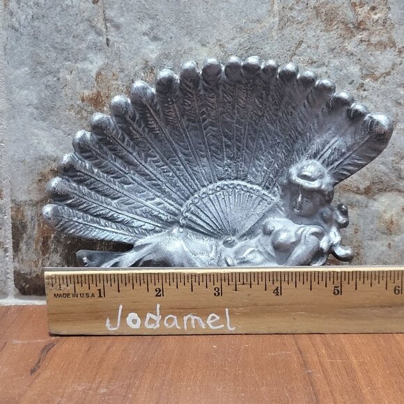 Vintage Cast Metal Trinket Dish Feather Fan Boudoir Lady - Picture 8 of 11